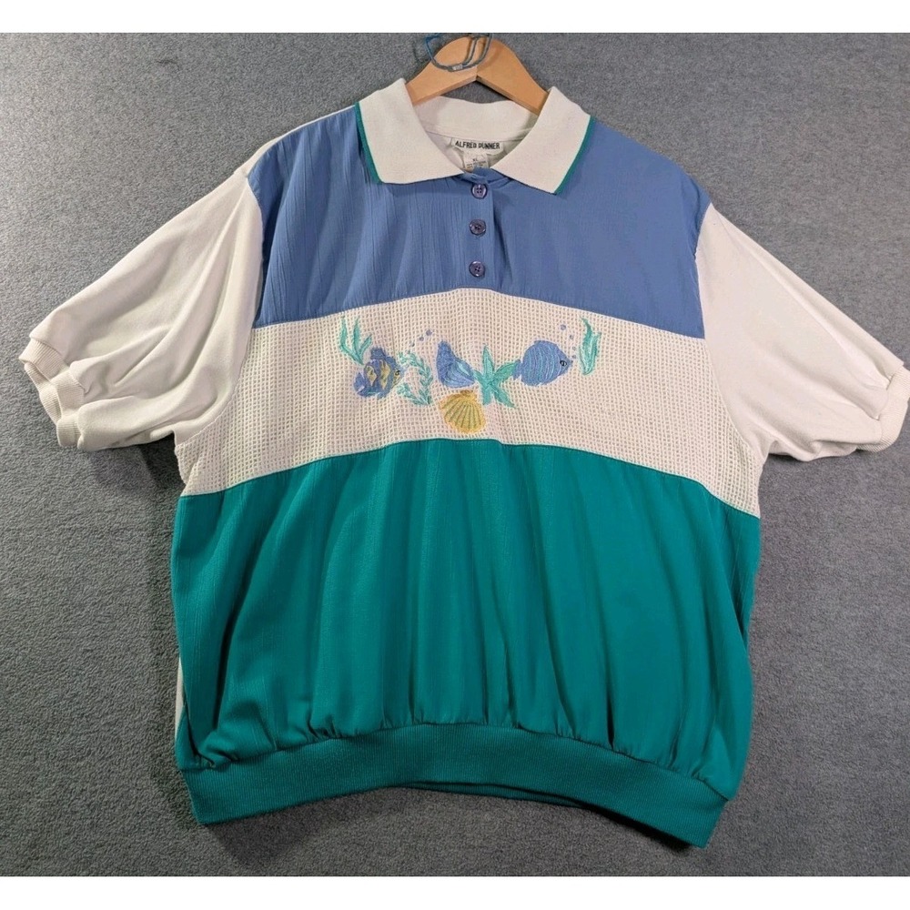 Alfred Dunner VTG Women's XL Coastal Fish Embroidered Polo‎ Shirt 90s Nautical